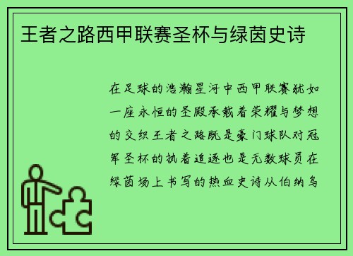 王者之路西甲联赛圣杯与绿茵史诗