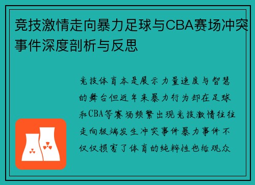 竞技激情走向暴力足球与CBA赛场冲突事件深度剖析与反思