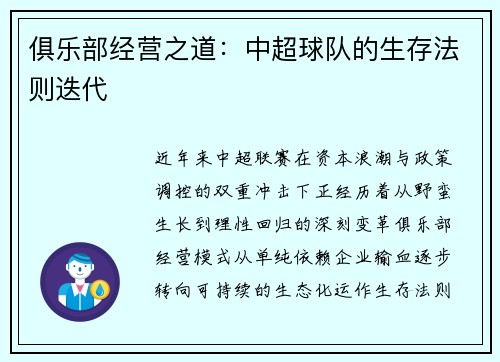 俱乐部经营之道：中超球队的生存法则迭代